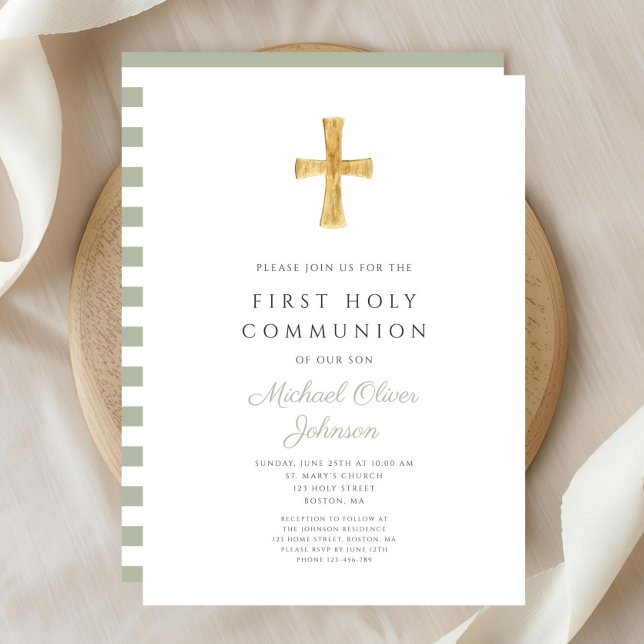 Convites Listras Verde Sage Modernas Cruz Primeira Comunhão (Modern Sage Green Stripes Cross First Communion Invitation)