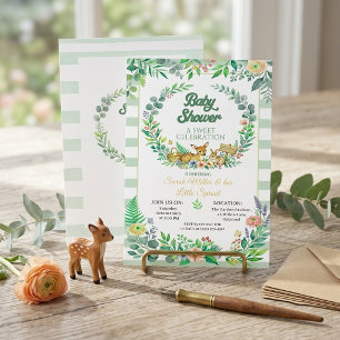 Convites Listras Verde Sálvia Aquarela Animais da Floresta