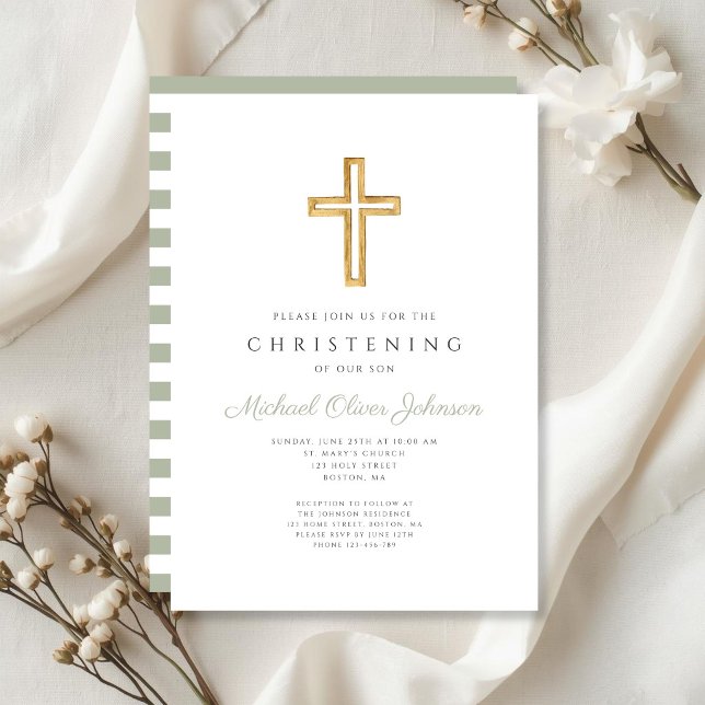 Convites Listras Verde Salvia Cruz Religiosa Batismo (Sage Green Stripes Religious Cross Christening Invitation)