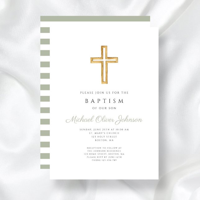 Convites Listras Verde Salvia Cruz Religiosa Batismo  (Sage Green Stripes Religious Wood Cross Baptism Invitation)