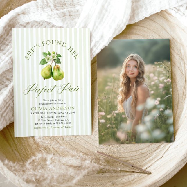 Convites Listras Verdes Modernas Par Perfeito Chá de Noiva (Modern Green Gingham Perfect Pear Bridal Shower Invitation)