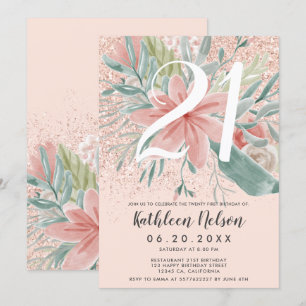 Convites Lítio aniversário de 21 anos cor-de-água floral pi
