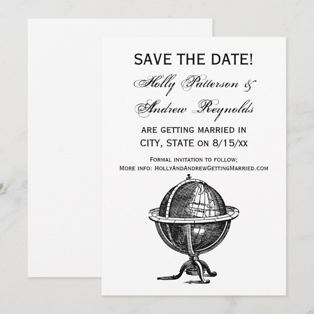 Convites Litografia de Globo Mundial Antigo Desenho Preto e (Frente/Verso)