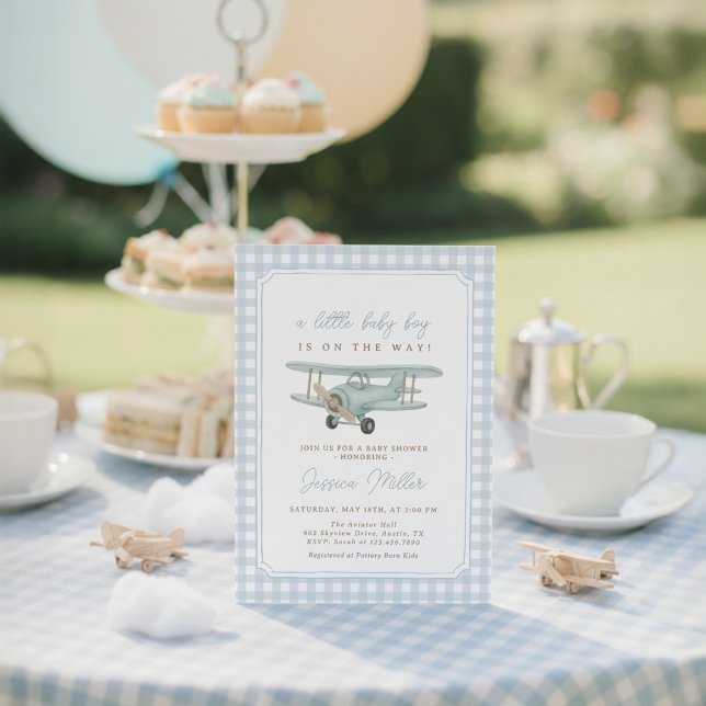 Convites Little Aviator Blue Gingham Boy Baby Shower (Criador carregado)
