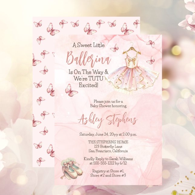 Convites Little Ballerina Está A Caminho Do Chá de fraldas  ("A Sweet Little Ballerina Is On The Way & We're TUTU Excited!" Pink Girl Baby Shower Invitation)