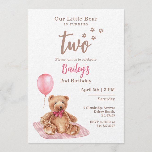 Convites Little Bear Pink Any Age Birthday Invitation (Frente)