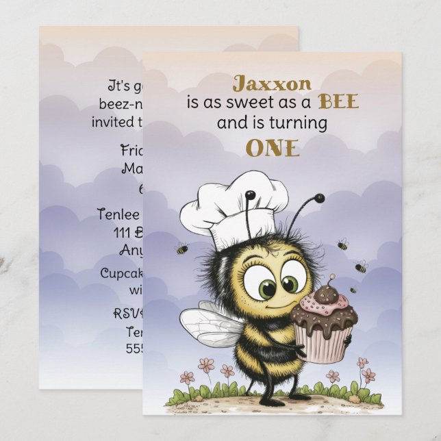 Convites Little Bee Baby Boy First Birthday (Frente/Verso)