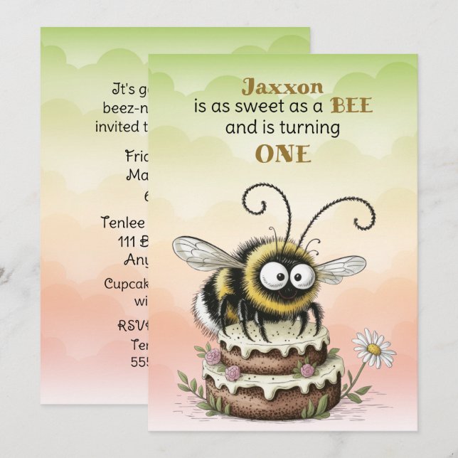Convites Little Bee Baby Boy First Birthday (Frente/Verso)