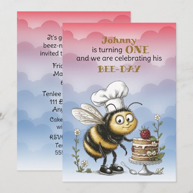 Convites Little Bee Baby Boy First Birthday (Frente/Verso)