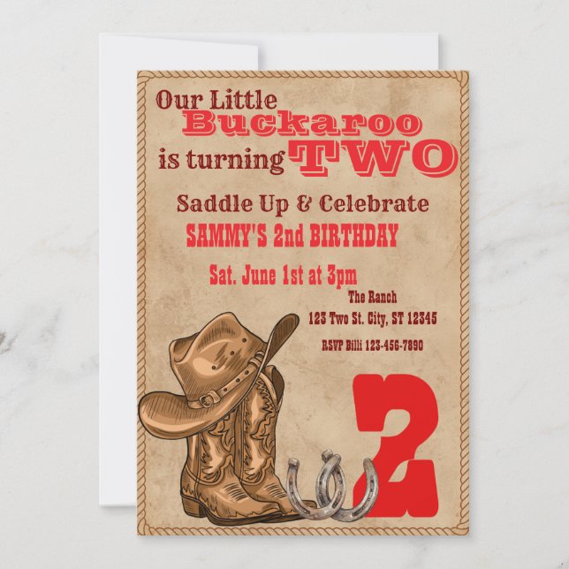 Convites Little Buckaroo Two, Western 2nd Birthday (Frente)