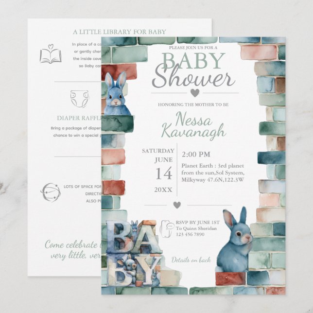 Convites Little Bunny Blocks | Chás de Bebê (Frente/Verso)