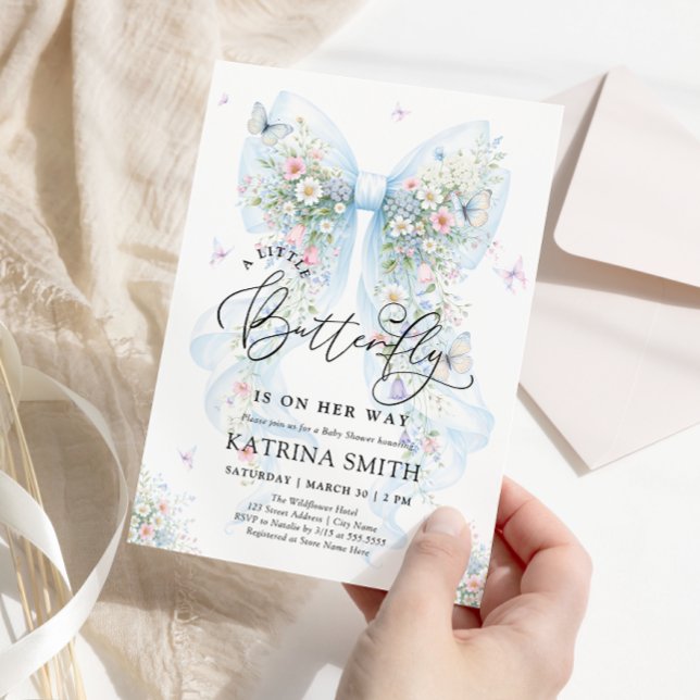 Convites Little Butterfly Blue Bow Baby Shower (Criador carregado)