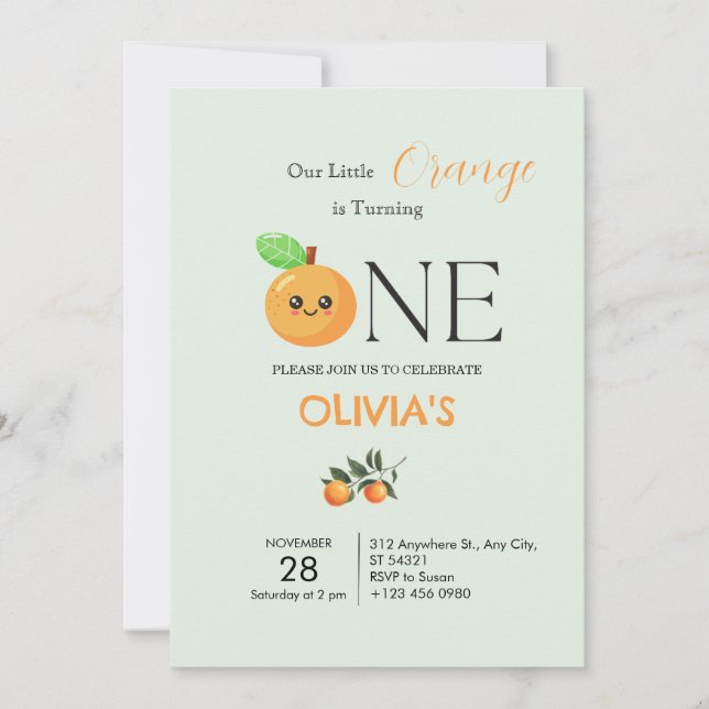 Convites Little Citrus Orange 1st Birthday Invitation   (Frente)