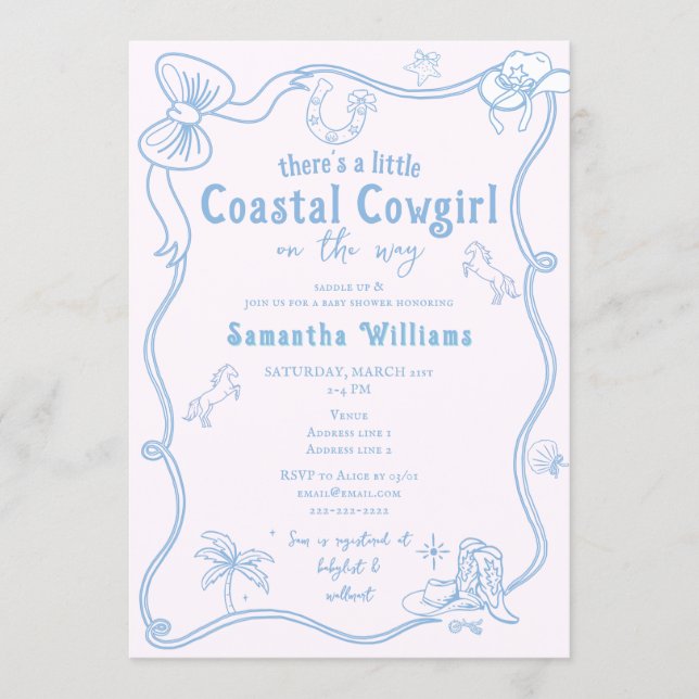 Convites Little Coastal Cowgirl Pink Blue Girl Baby Shower (Frente)
