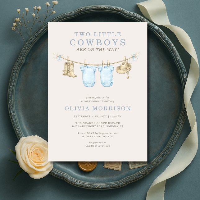 Convites Little Cowboy Twins Clothesline Boy Baby Shower (Criador carregado)