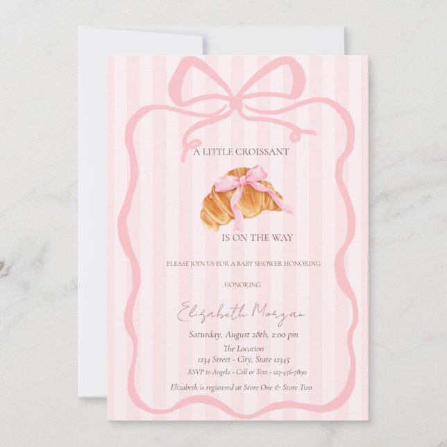 Convites Little Croissant Pink Bow Pink Stripes Baby Shower (Frente)