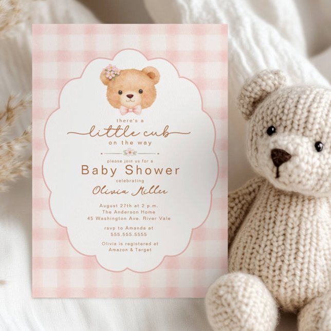Convites Little Cub Pink Gingham Baby Shower Invite (Criador carregado)