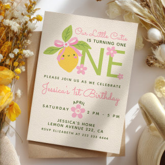 Convites Little Cutie Lemon& Daisy Pink 1st Birthday Party