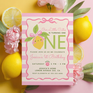 Convites Little Cutie Lemon Fruit Pink 1st Birthday Party