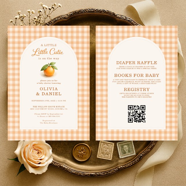 Convites Little Cutie Orange Gingham All in One Baby Shower (Criador carregado)
