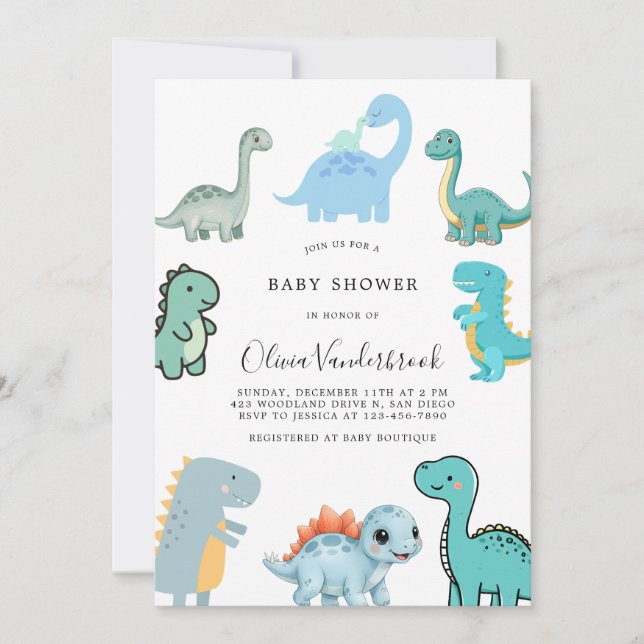 Convites Little Dinosaur Cute Baby Shower (Frente)