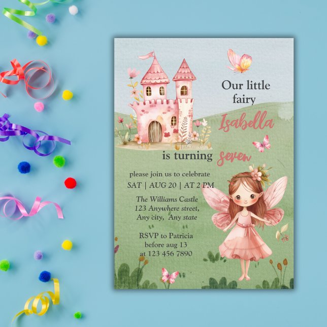 Convites Little Fairy Pink Castle Butterfly Any Age  (Criador carregado)