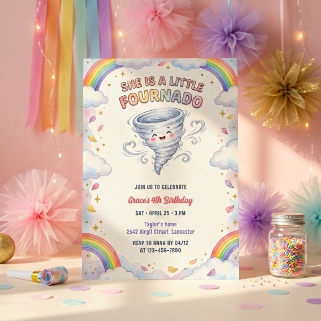 Convites Little Fournado Rainbow Tornado Girls 4th Birthday (Little Fournado Rainbow Tornado Girls Birthday Party Invitation)