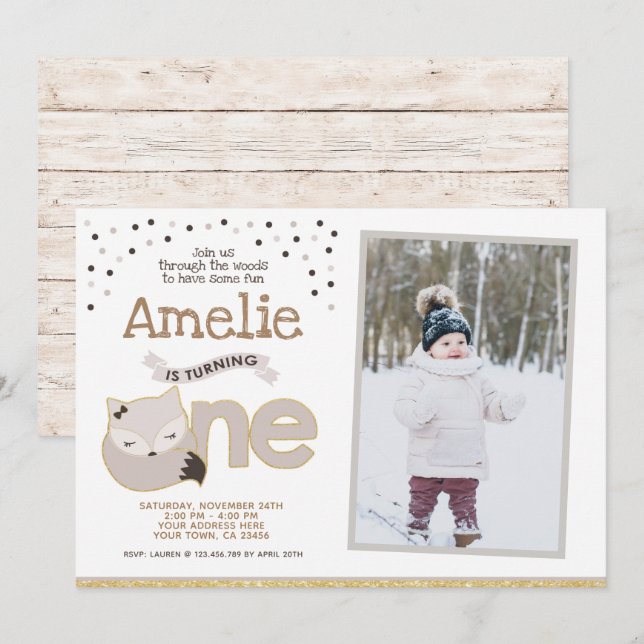 Convites Little fox, Wonderland Invitation with photo (Frente/Verso)