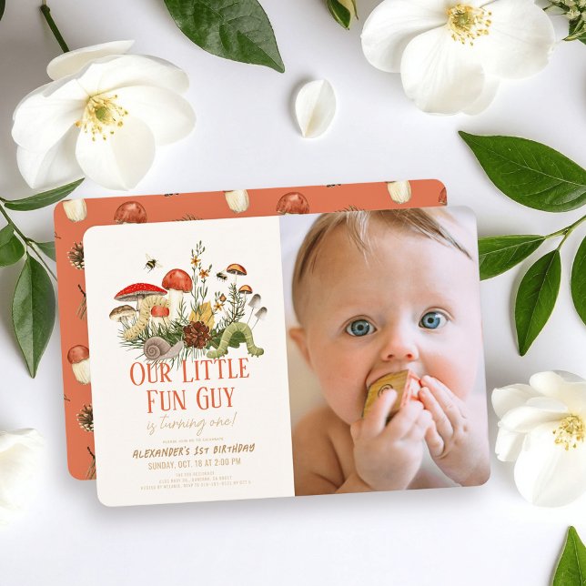 Convites Little Fun Guy Mushroom Worms Photo 1st Birthday (Criador carregado)