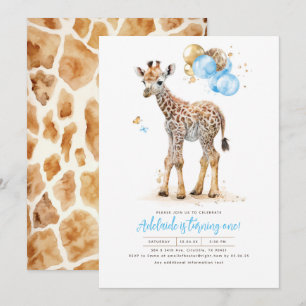 Convites Little Giraffe Blue e Brown Boho Aniversário