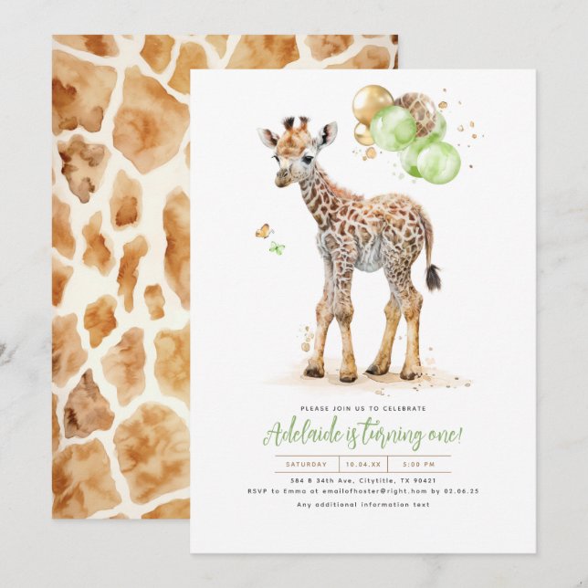 Convites Little Giraffe Green e Brown Boho Birthday (Frente/Verso)