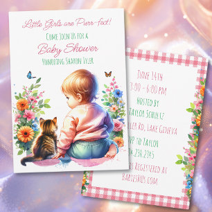 Convites Little Girl and Kitten   Chá de fraldas de aquarel