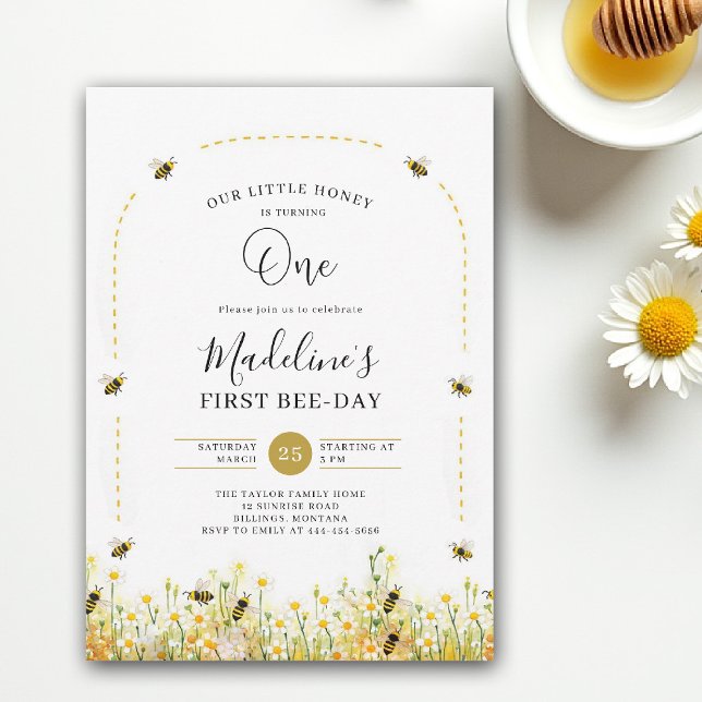 Convites Little Honey Bee Day Wildflowers Arch 1st Birthday (little honey bee one first birthday party invitation floral watercolor summer modern wildflowers)