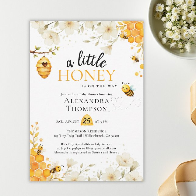 Convites Little Honey Floral Watercolor Elegant Baby Shower (a little honey bee baby shower theme invitation spring summer watercolor elegant floral bumblebee)