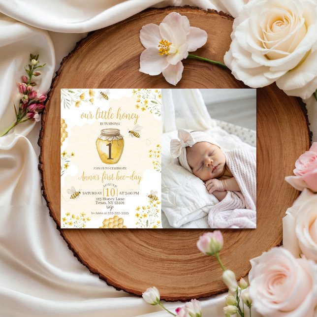 Convites Little Honey Photo 1st Birthday Invite (Criador carregado)