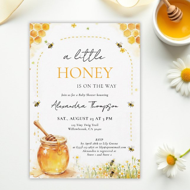 Convites Little Honey Wildflowers Summer Arch Baby Shower (a little honey baby shower bee theme invitation spring summer watercolor elegant floral bumblebee)