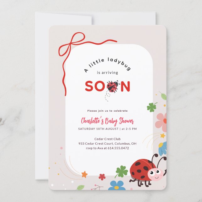 Convites Little Ladybug Red Bow Floral Baby Shower (Frente)