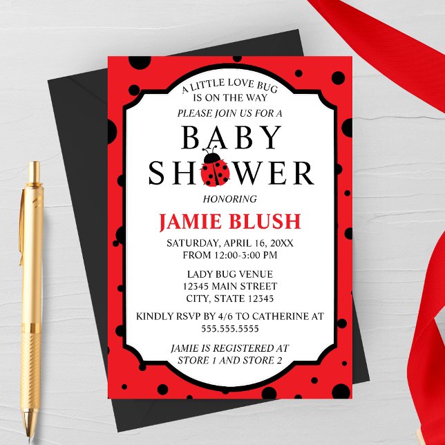 Convites Little Love Bug Baby Shower Invitation (Ladybug Baby Shower | Little Love Bug Baby Shower Invitation Red and Black)