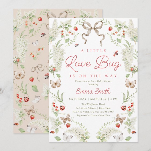 Convites Little Love Bug Floral Bow Baby Shower Invitation (Frente/Verso)