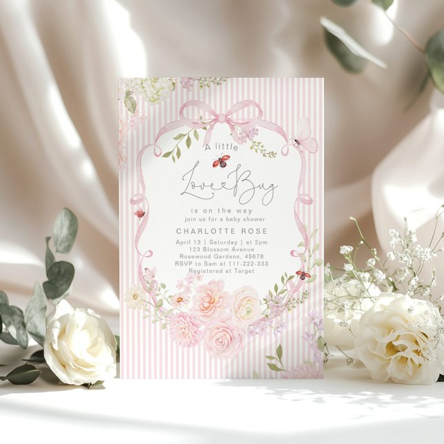 Convites Little Love Bug Pink Bow Stripes Baby Shower (Criador carregado)