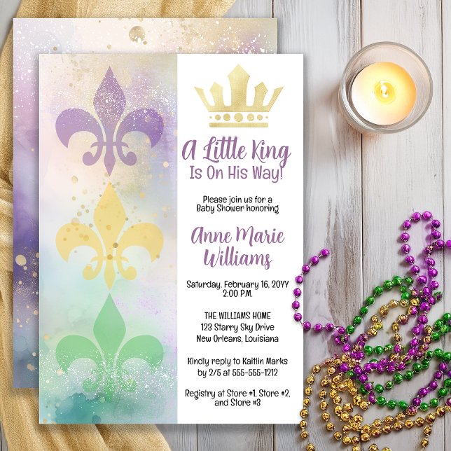Convites Little Mardi Gras King Baby Shower  (Little Mardi Gras King Baby Shower Invitation with Crown & Fleur-de-Lis -- Print | Digital Download)