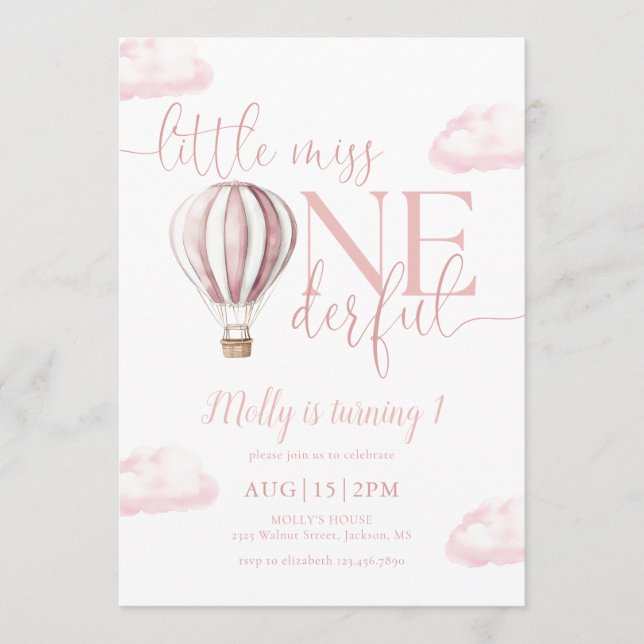 Convites Little Miss Onederful Balão Rosa 1º Aniversário (Frente)