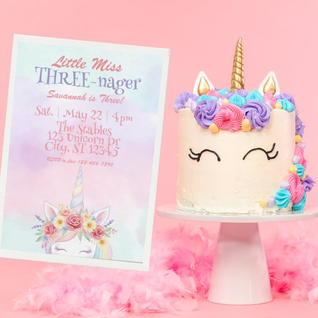 Convites Little Miss Three-nager, Unicorn 3rd Birthday (Criador carregado)