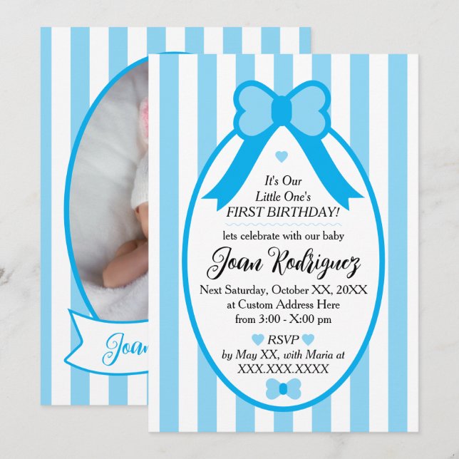 Convites Little One Bow 1st Birthday Photo Invitations (Frente/Verso)