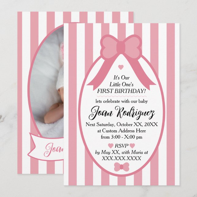 Convites Little One Bow 1st Birthday Photo Invitations (Frente/Verso)
