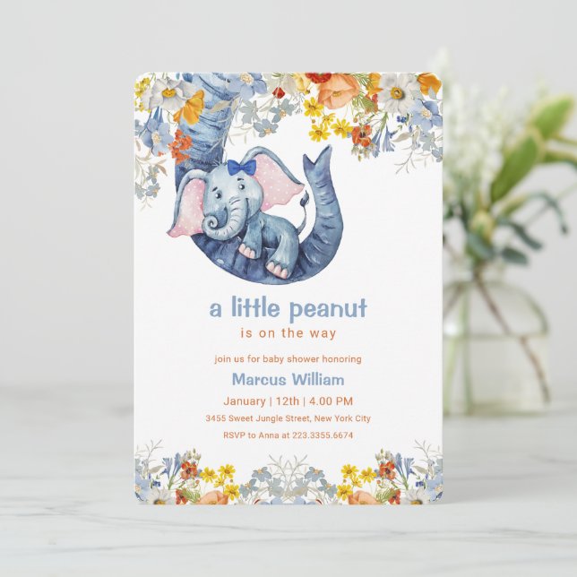Convites Little Peanut Blue Elephant Floral Baby Shower (Em pé/Frente)