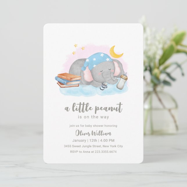 Convites Little Peanut Sleeping Elephant Baby Shower (Em pé/Frente)