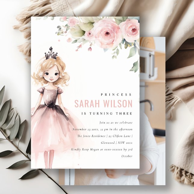 Convites Little Pink Princess Rose Floral Birthday Photo (Criador carregado)