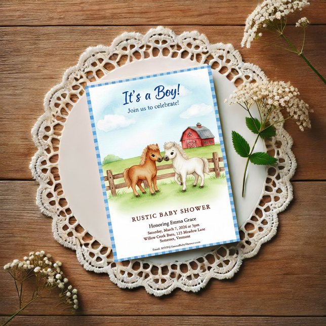 Convites Little Pony Baby Boy Shower Gingham Invitation (Criador carregado)