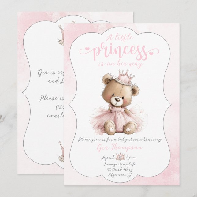 Convites Little Princess Baby Shower Invitation with Teddy  (Frente/Verso)